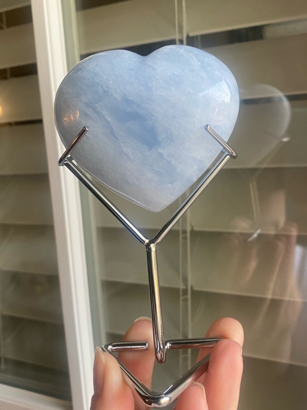 Heart-Shaped Celestite Crystal on Metal Stand
